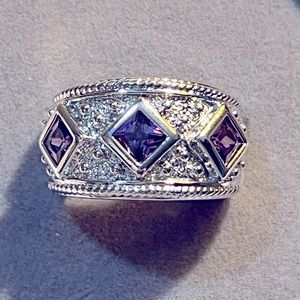 925 Sterling Silver Tanzanite simulant wide band ring